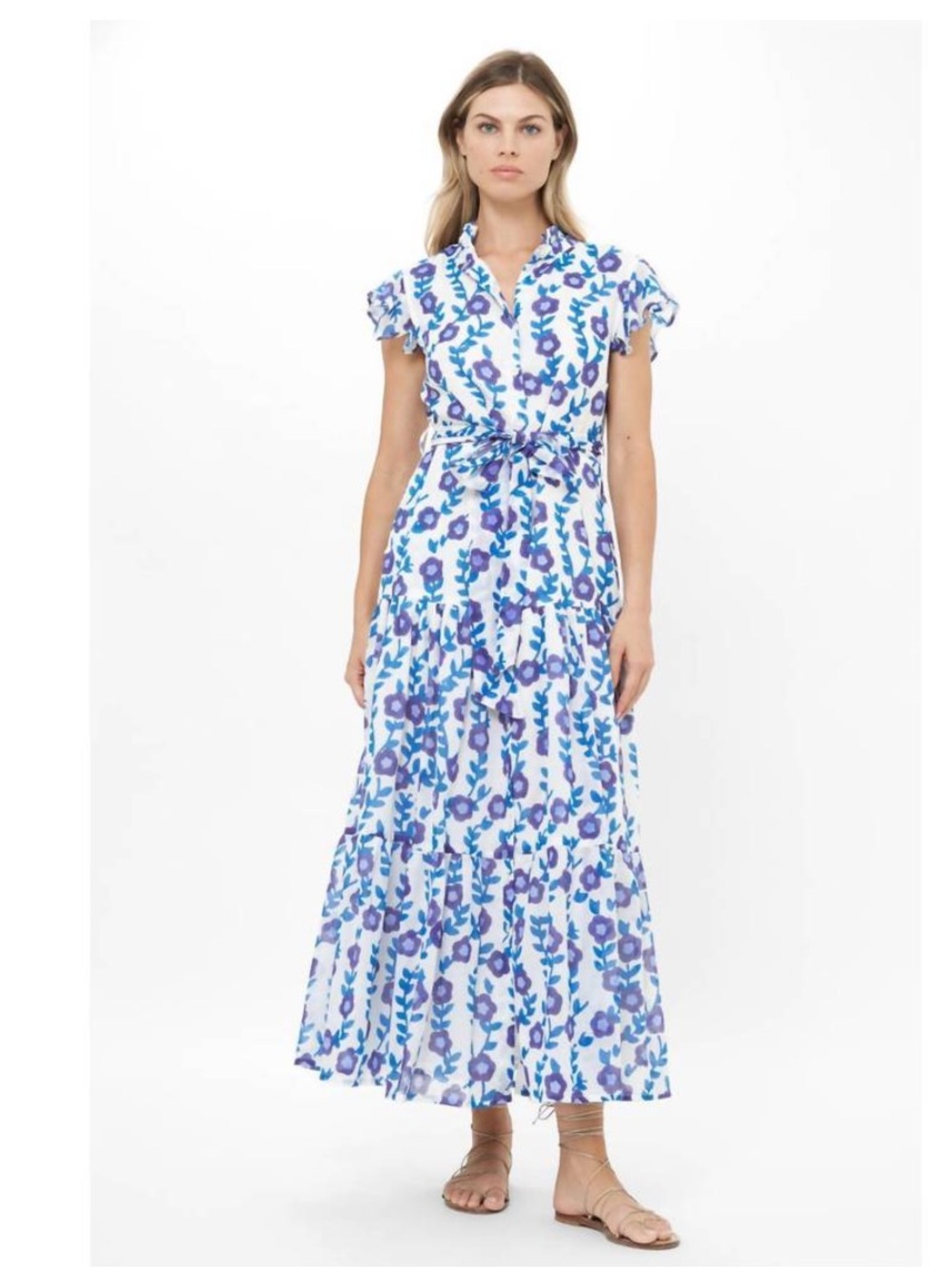 Oliphant Ruffle Collar Button Maxi Dress Floral Toscana Blue